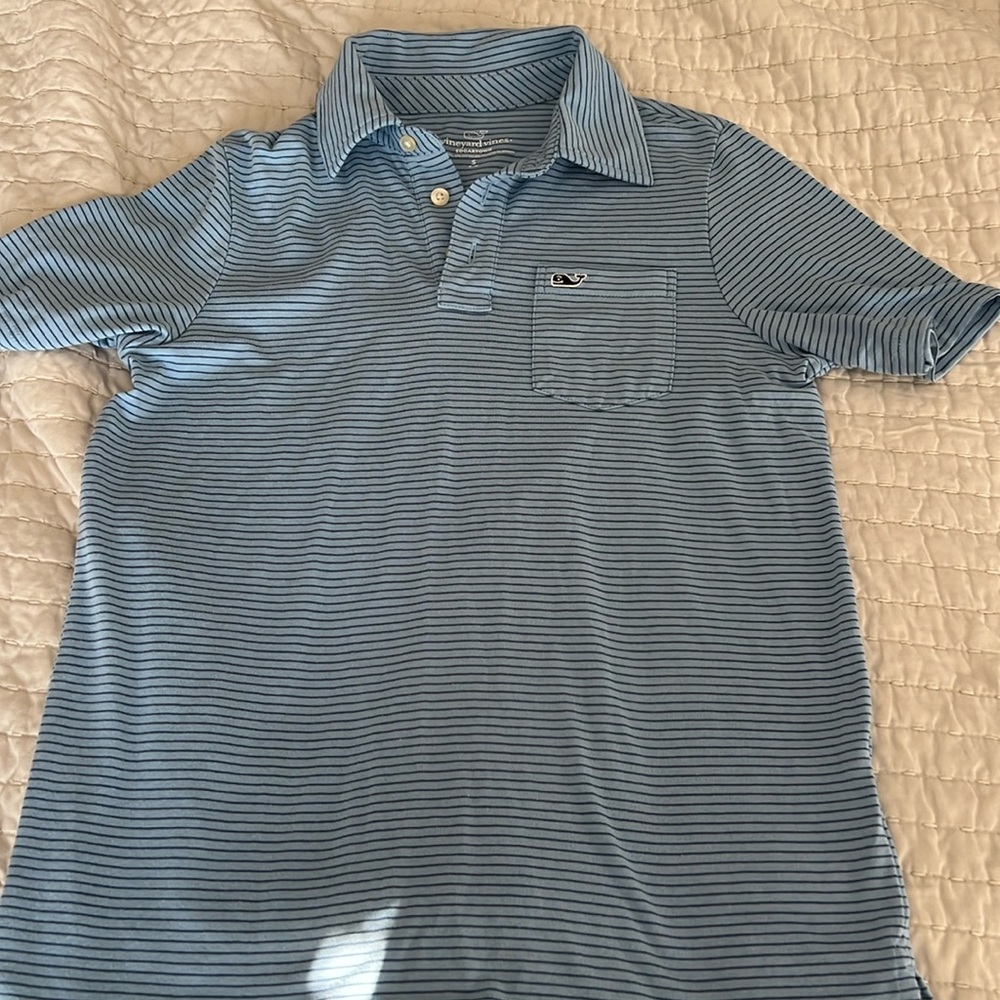 boys short sleeve edgartown polo from vv size small 8-10 blue with navy stripe